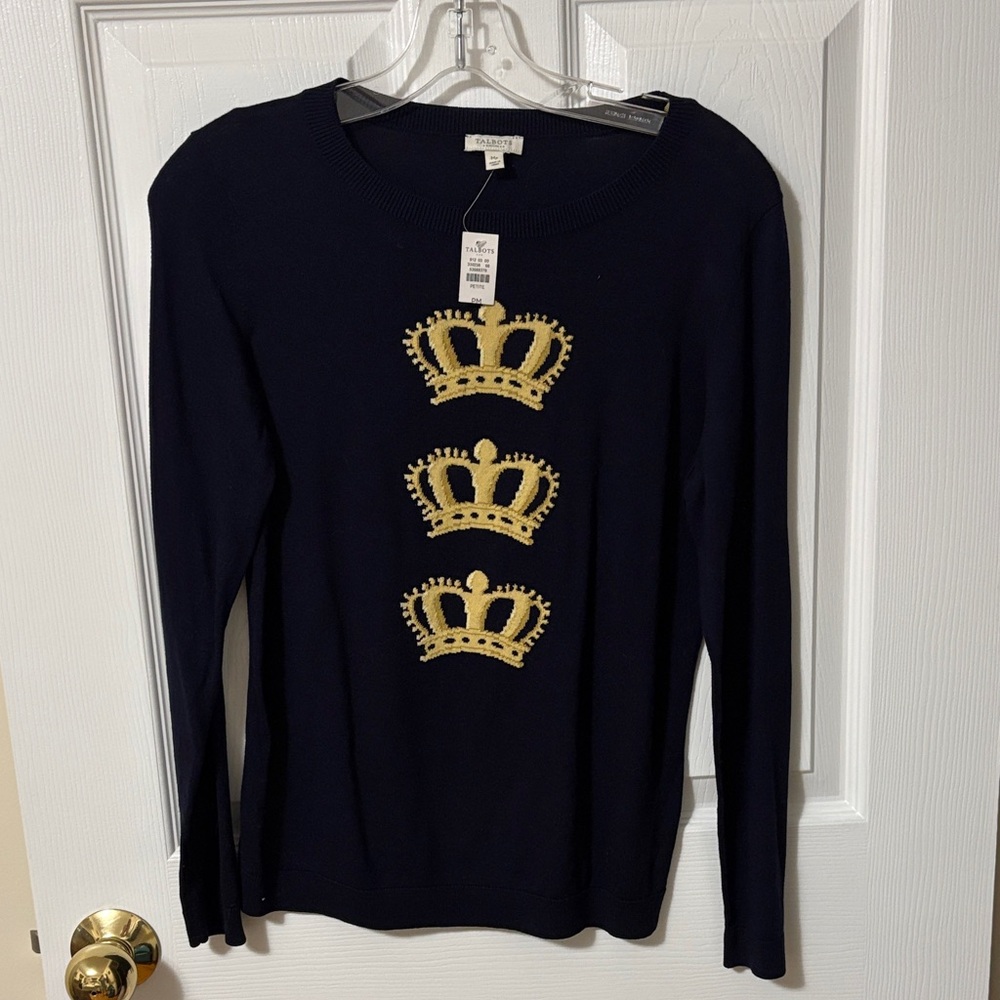 Talbots Navy Long-Sleeve Sweater with Gold Crown Motifs